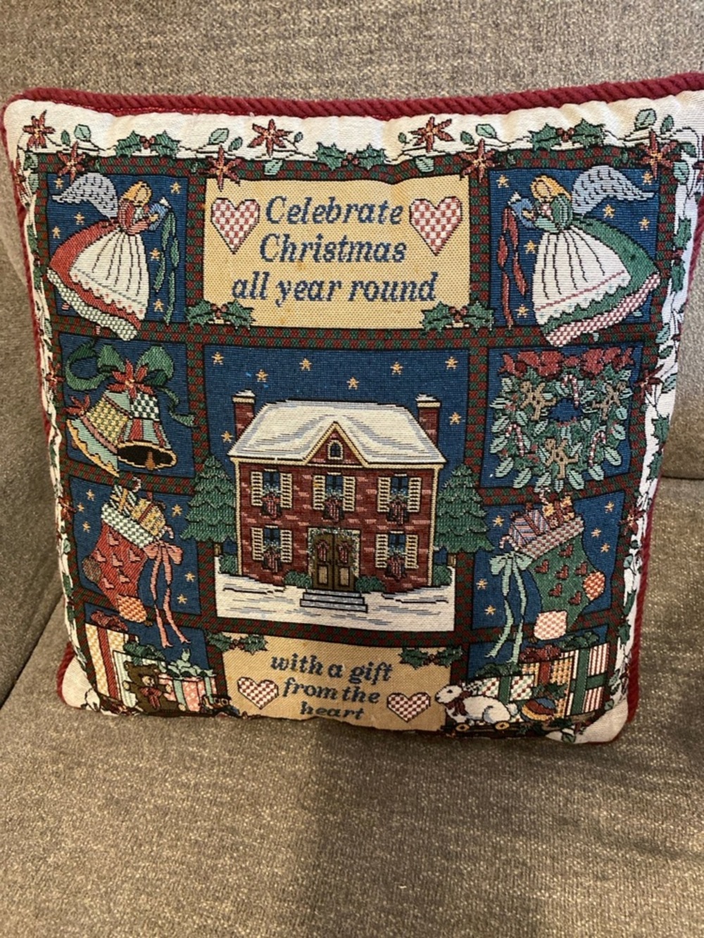 Vintage Tapestry Christmas Pillow - “Celebrate Christmas all year round…